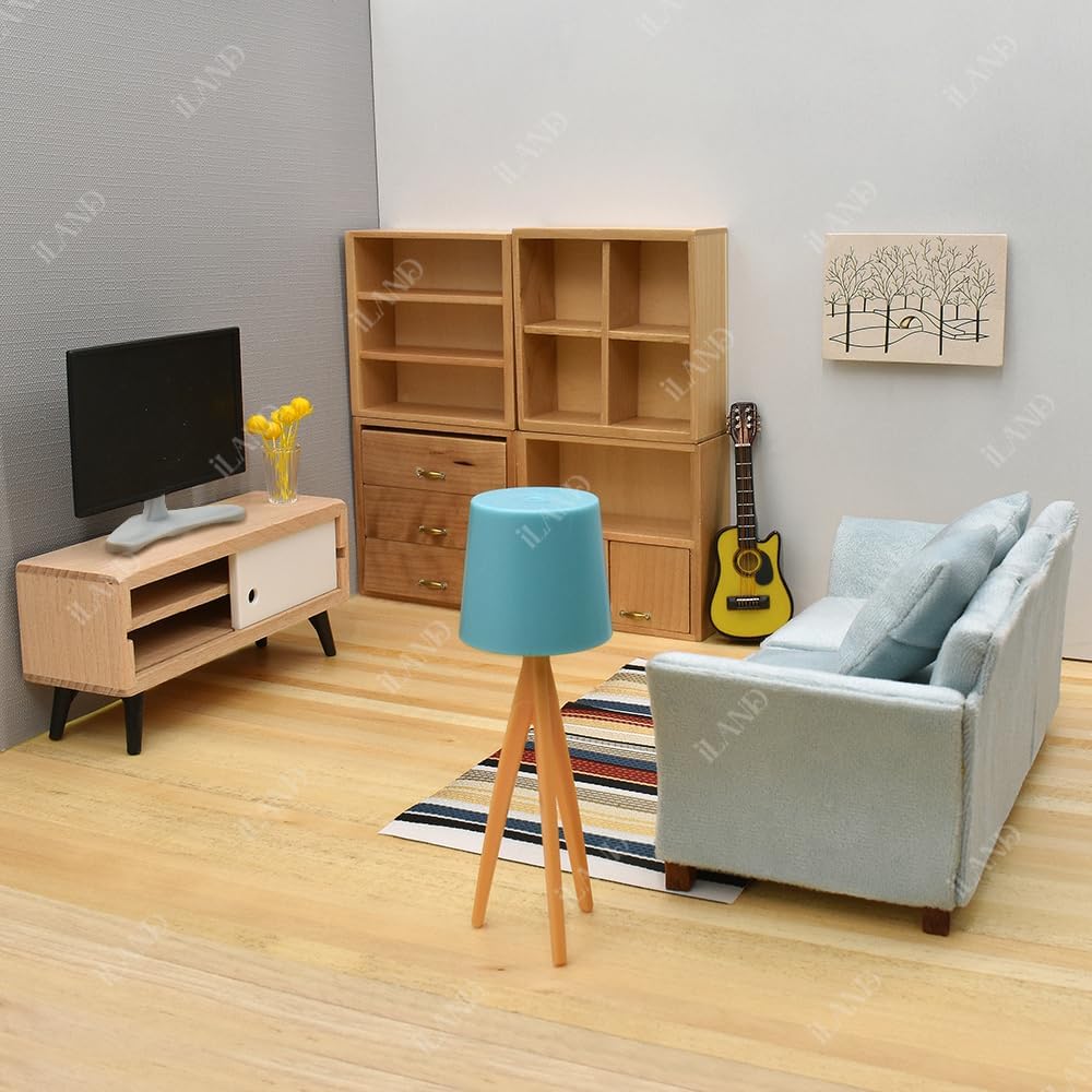 1:12 Scale Miniature Living Room Furniture Set With Sofa Tv Cabinet Bookshelves Guitar Decor For Dollhouse Modern Home Decor