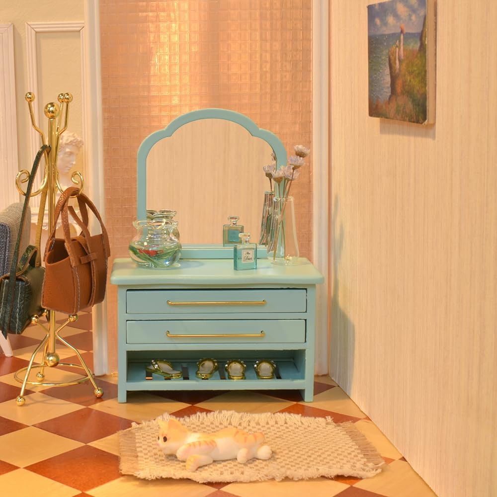 1:12 Scale Wooden Sideboard Dresser With Woven Braided Carpet Miniature Dollhouse Furniture For Foyer Bedroom Bathroom
