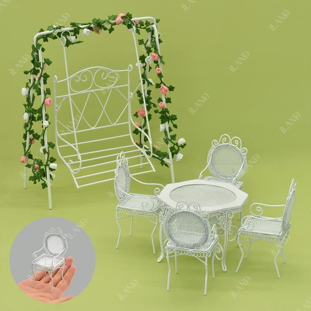 1:12 Scale Miniature Garden Furniture Set With Swing Table Chairs And Rose Vines For Dollhouse Outdoor Decor