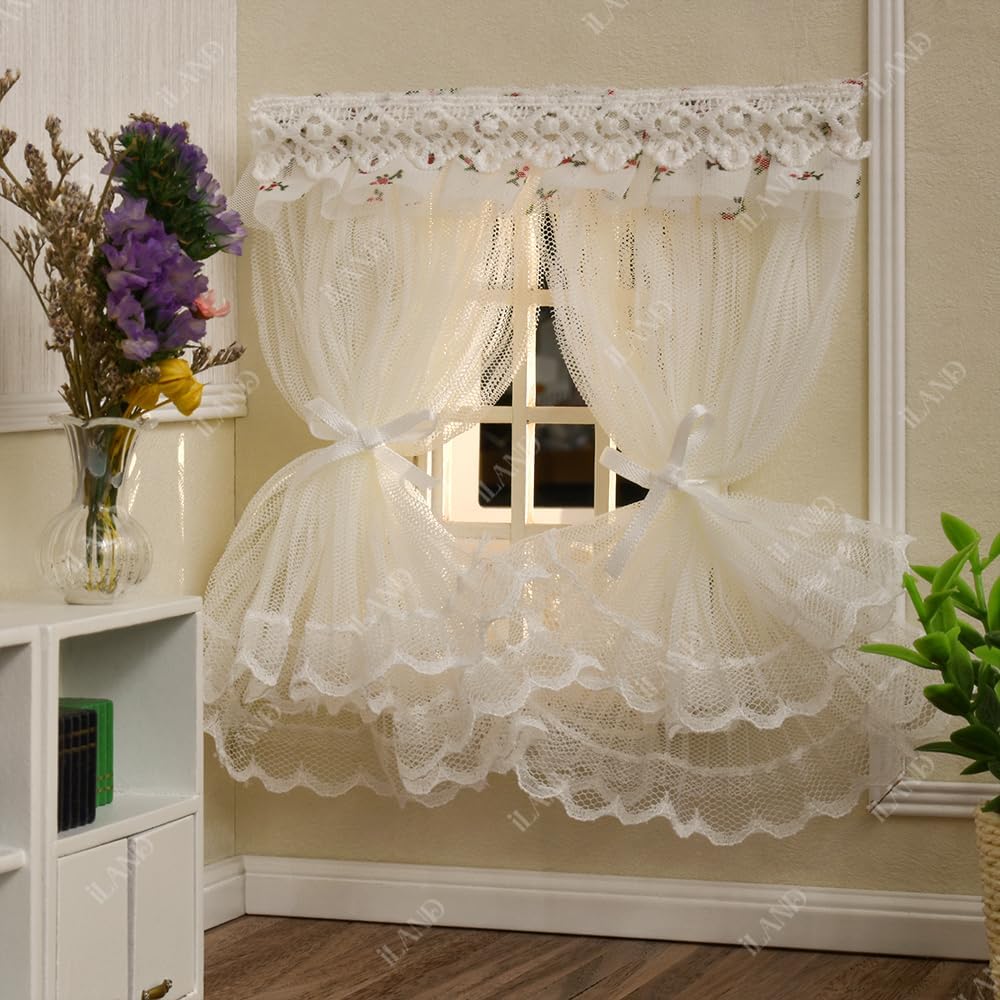 1:12 Scale Miniature Dollhouse Accessories Multi Layered Lace Tulle Curtains Set Of 2Pcs For Living Room Bedroom Decor