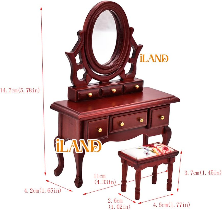 1:12 Scale Wooden Dollhouse Bedroom Furniture Set Miniature Mahogany Bed Dressing Table Wardrobe Classical Dollhouse Accessories