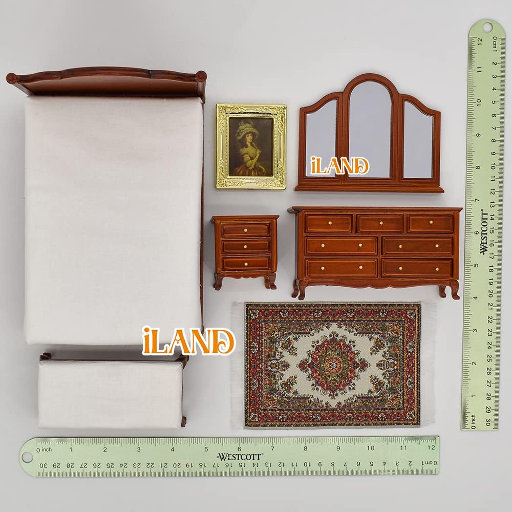 1:12 Scale Vintage Dollhouse Bedroom Set With Walnut Furniture And Woven Rug Miniature Dollhouse Accessories Romantic Gift