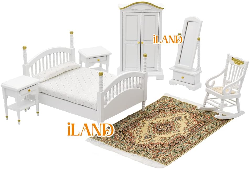 1:12 Scale Vintage Dollhouse Bedroom Furniture Set With Bed Mirror Wardrobe Bedside Table Rocking Chair And Rug Miniature Dollhouse Accessories White Gold