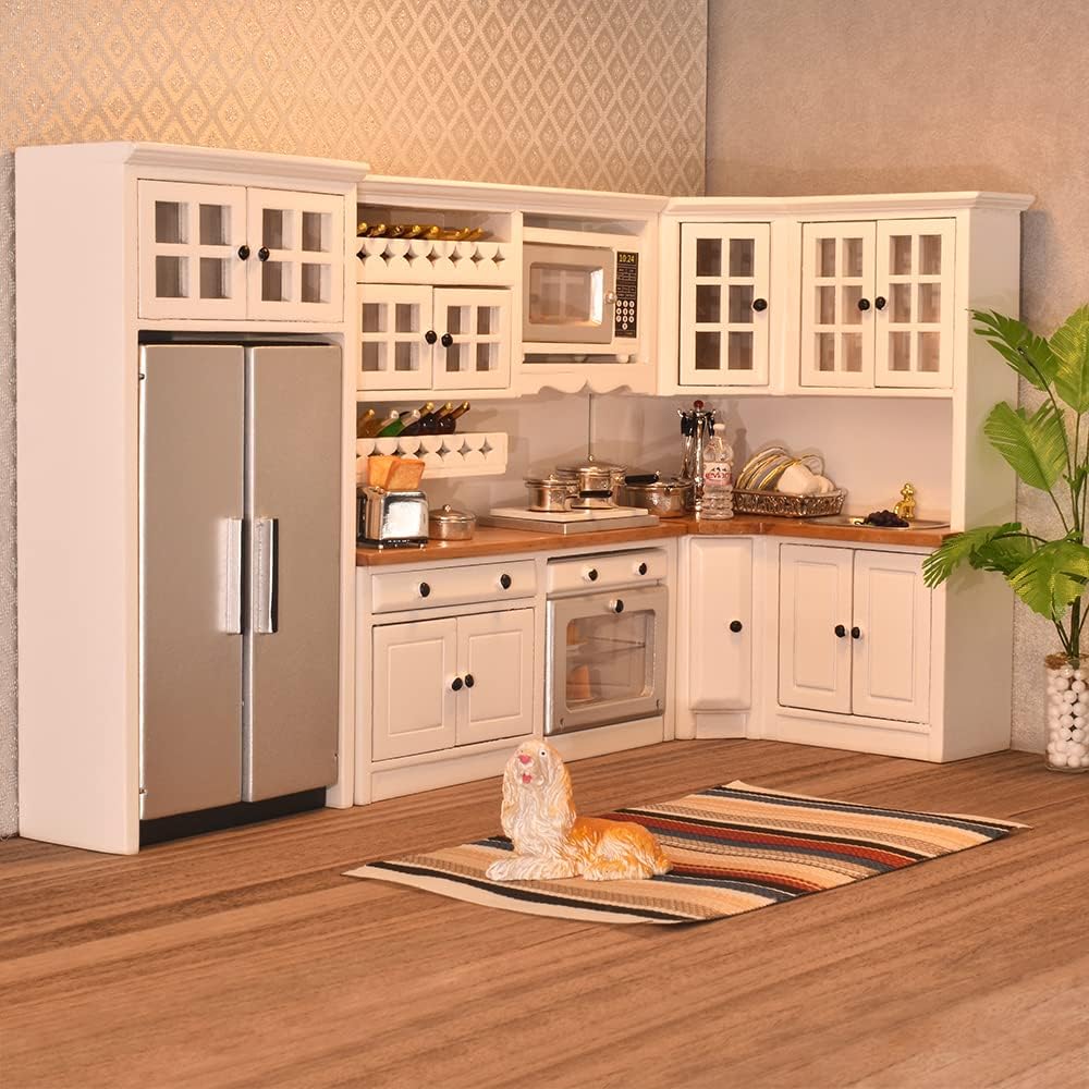 1:12 Scale Wooden Dollhouse Furniture Set For Kitchen Miniature Cabinets Fridge Oven Microwave Pots Carpet