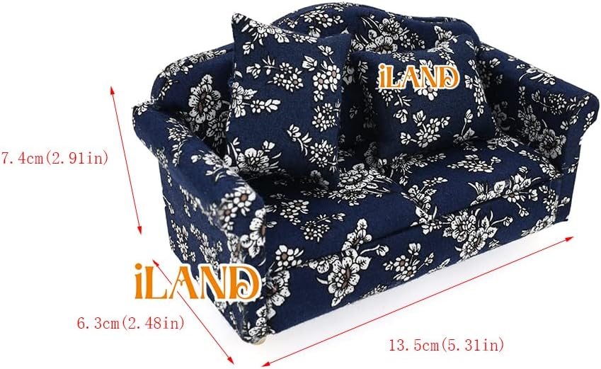 1:12 Scale Dollhouse Living Room Sofa And Couch Set Blue White Floral Miniature Furniture
