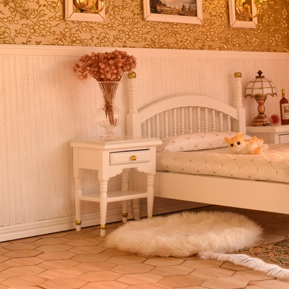 1:12 Scale Vintage Dollhouse Bedroom Furniture Set With Bed Mirror Wardrobe Bedside Table Rocking Chair And Rug Miniature Dollhouse Accessories White Gold