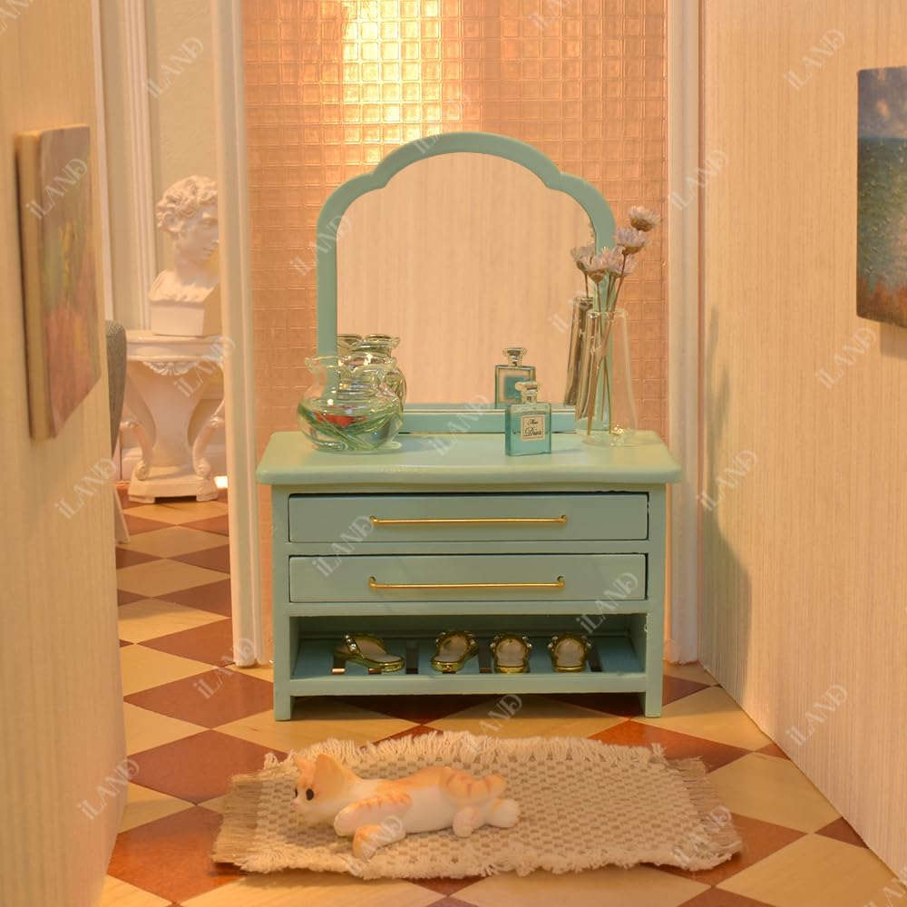 1:12 Scale Wooden Sideboard Dresser With Woven Braided Carpet Miniature Dollhouse Furniture For Foyer Bedroom Bathroom