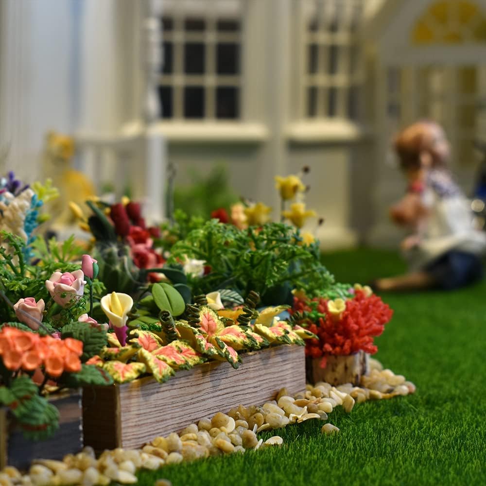 1:12 Scale Miniature Dollhouse Plants And Flowers Accessories With Tree Bark Potted Flowers