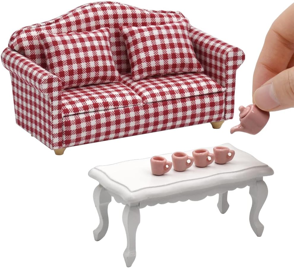 1:12 Scale Dollhouse Living Room Sofa And Couch Set Blue White Floral Miniature Furniture