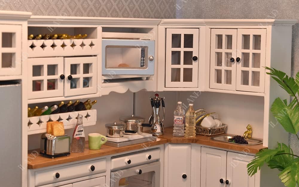 1:12 Scale Wooden Dollhouse Furniture Set For Kitchen Miniature Cabinets Fridge Oven Microwave Pots Carpet