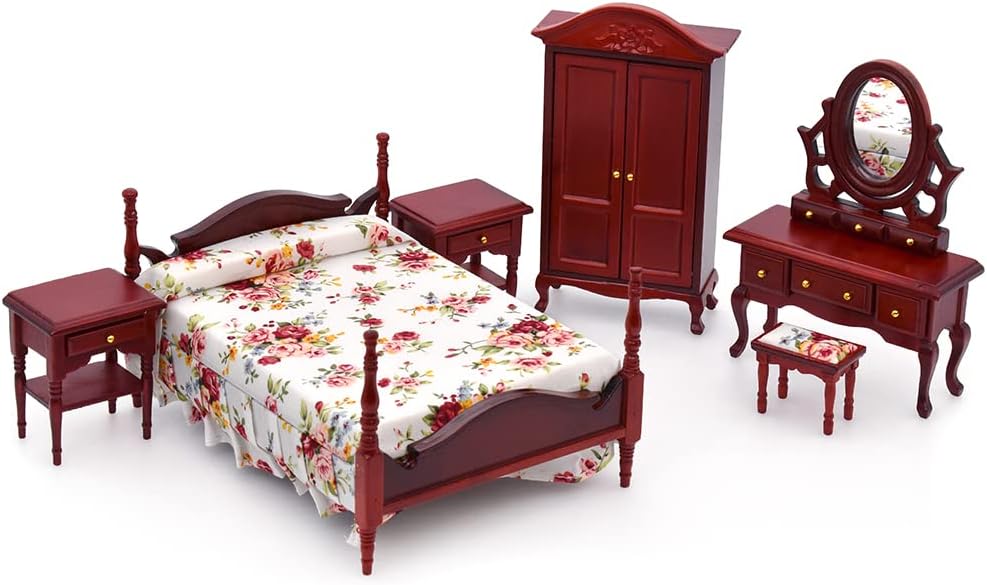 1:12 Scale Wooden Dollhouse Bedroom Furniture Set Miniature Bed Dressing Table Wardrobe Cream Color Elegant Miniature Dollhouse Accessories