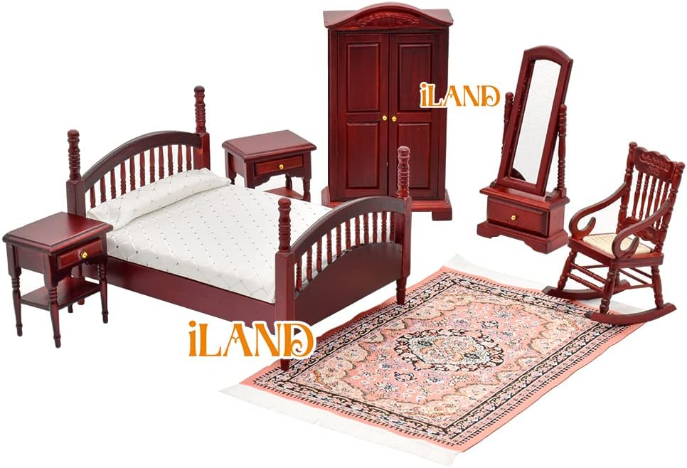 1:12 Scale Vintage Dollhouse Bedroom Furniture Set Miniature Mahogany Bed Wardrobe Mirror Rocking Chair Side Table Miniature Dollhouse Accessories