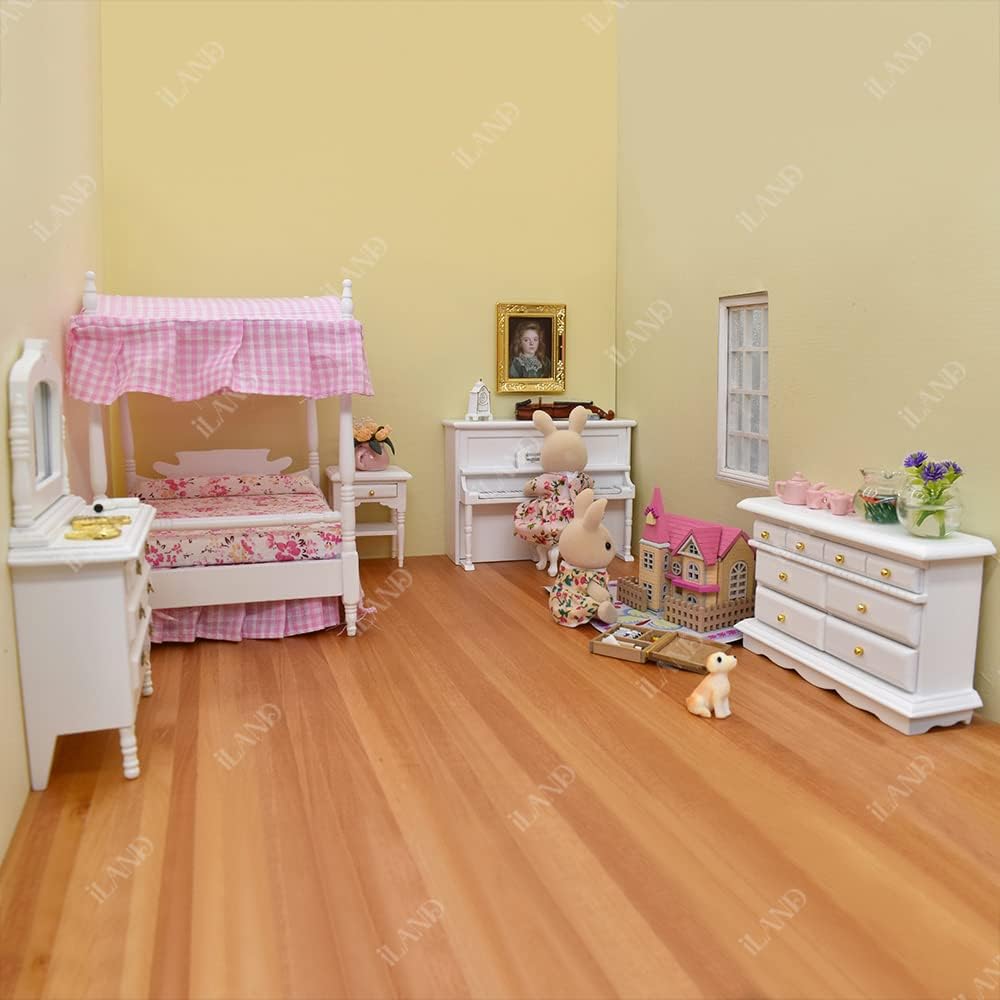 1:12 Scale Wooden Dollhouse Furniture Pink Bedroom Set With Piano Miniature Dollhouse Accessories For Girls