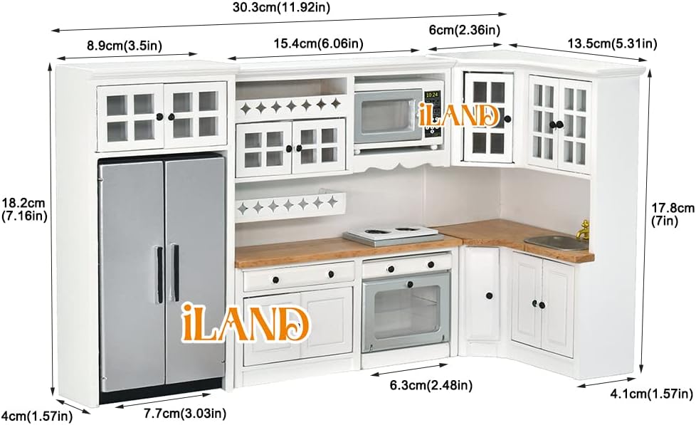 1:12 Scale Wooden Dollhouse Furniture Set For Kitchen Miniature Cabinets Fridge Oven Microwave Pots Carpet