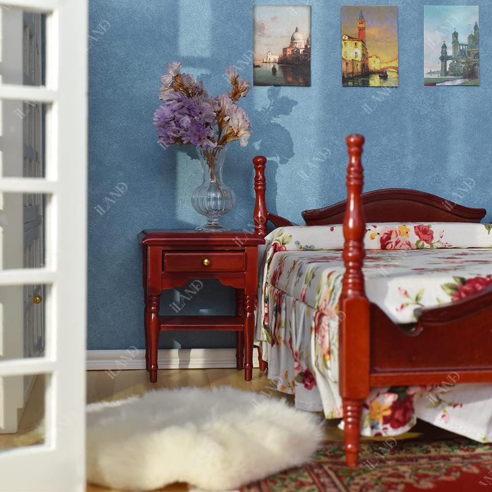 1:12 Scale Wooden Dollhouse Bedroom Furniture Set Miniature Mahogany Bed Dressing Table Wardrobe Classical Dollhouse Accessories