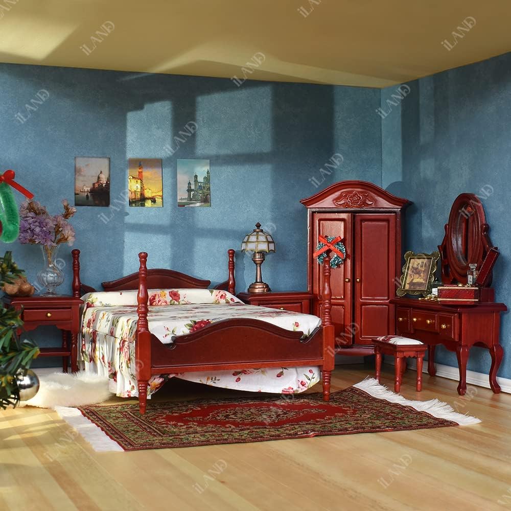1:12 Scale Wooden Dollhouse Bedroom Furniture Set Miniature Mahogany Bed Dressing Table Wardrobe Classical Dollhouse Accessories
