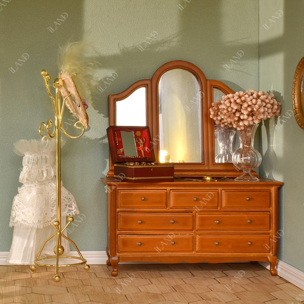 1:12 Scale Dollhouse Coat Rack Full Length Mirror Golden Miniature Furniture For Dollhouse