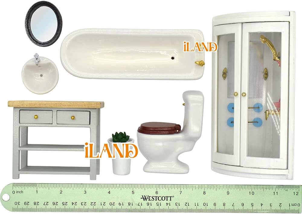 1:12 Scale Modern Bathroom Set Miniature Dollhouse Furniture With Ceramic Toilet Bathtub Wooden Cabinet Sink Accessories