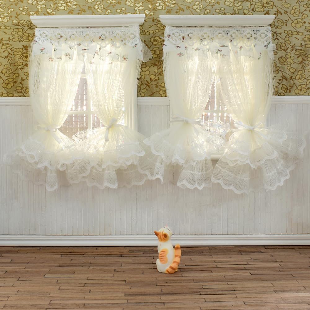 1:12 Scale Miniature Dollhouse Accessories Multi Layered Lace Tulle Curtains Set Of 2Pcs For Living Room Bedroom Decor
