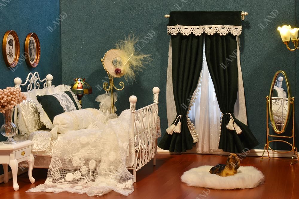 1:12 Scale Victorian Dollhouse Bedroom Furniture Set 5Pcs Miniature Metal Bed Side Table Vanity Mirror Miniature Dollhouse Accessories
