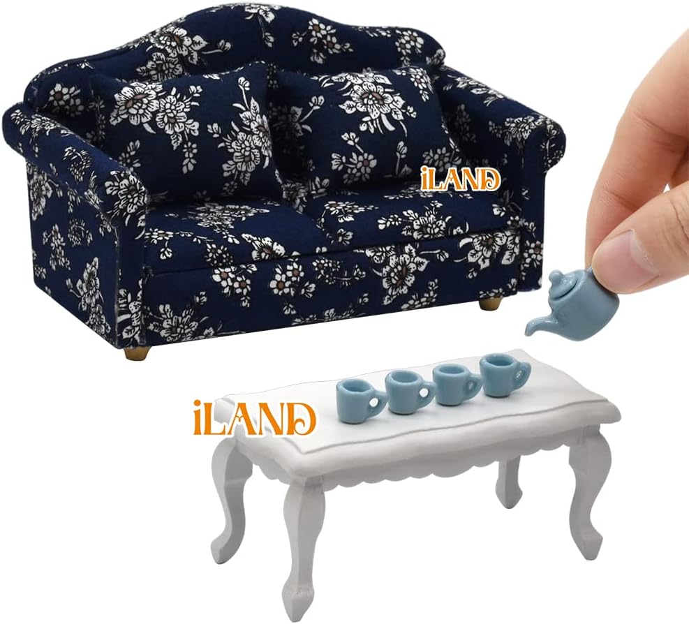 1:12 Scale Dollhouse Living Room Sofa And Couch Set Blue White Floral Miniature Furniture
