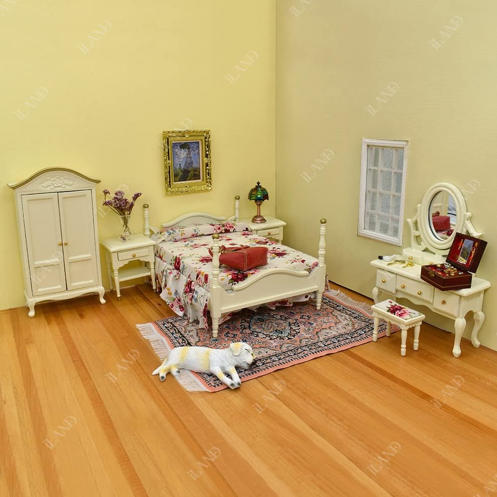 1:12 Scale Wooden Dollhouse Bedroom Furniture Set Miniature Bed Dressing Table Wardrobe Cream Color Elegant Miniature Dollhouse Accessories