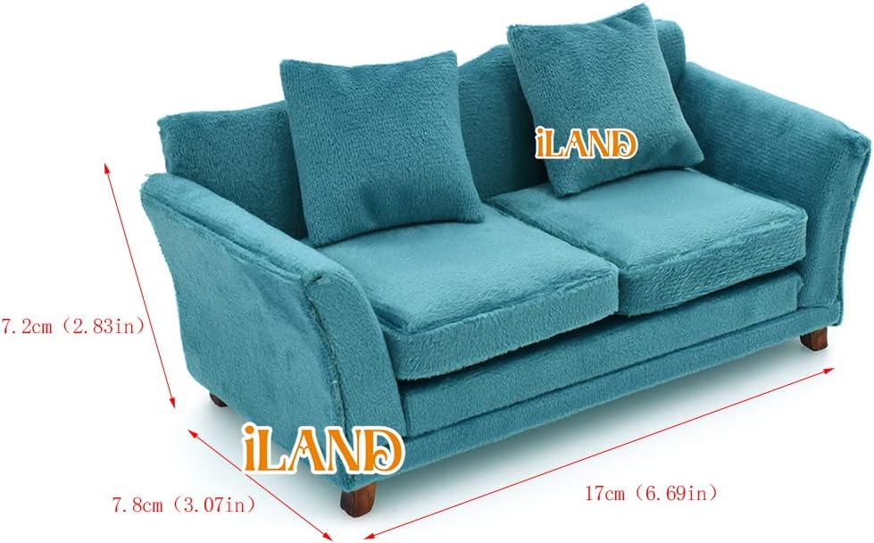 1:12 Scale Modern Miniature Sofa Dollhouse Furniture For Living Room Turquoise Blue Velvet