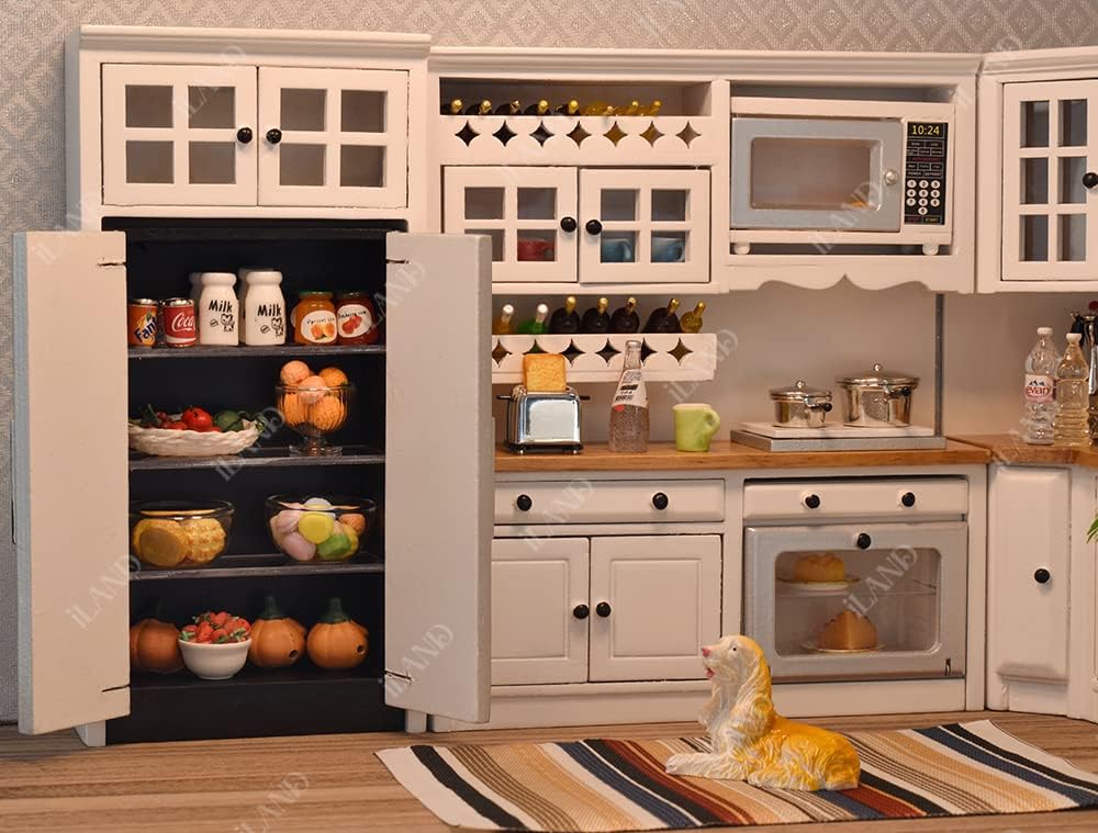 1:12 Scale Wooden Dollhouse Furniture Set For Kitchen Miniature Cabinets Fridge Oven Microwave Pots Carpet