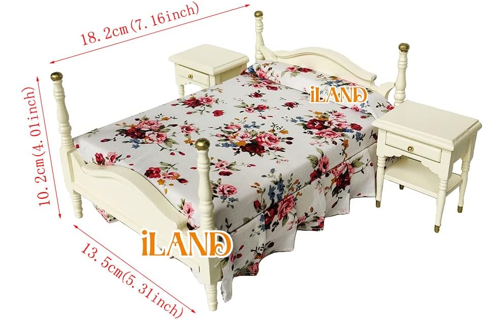 1:12 Scale Wooden Dollhouse Bedroom Furniture Set Miniature Bed Dressing Table Wardrobe Cream Color Elegant Miniature Dollhouse Accessories