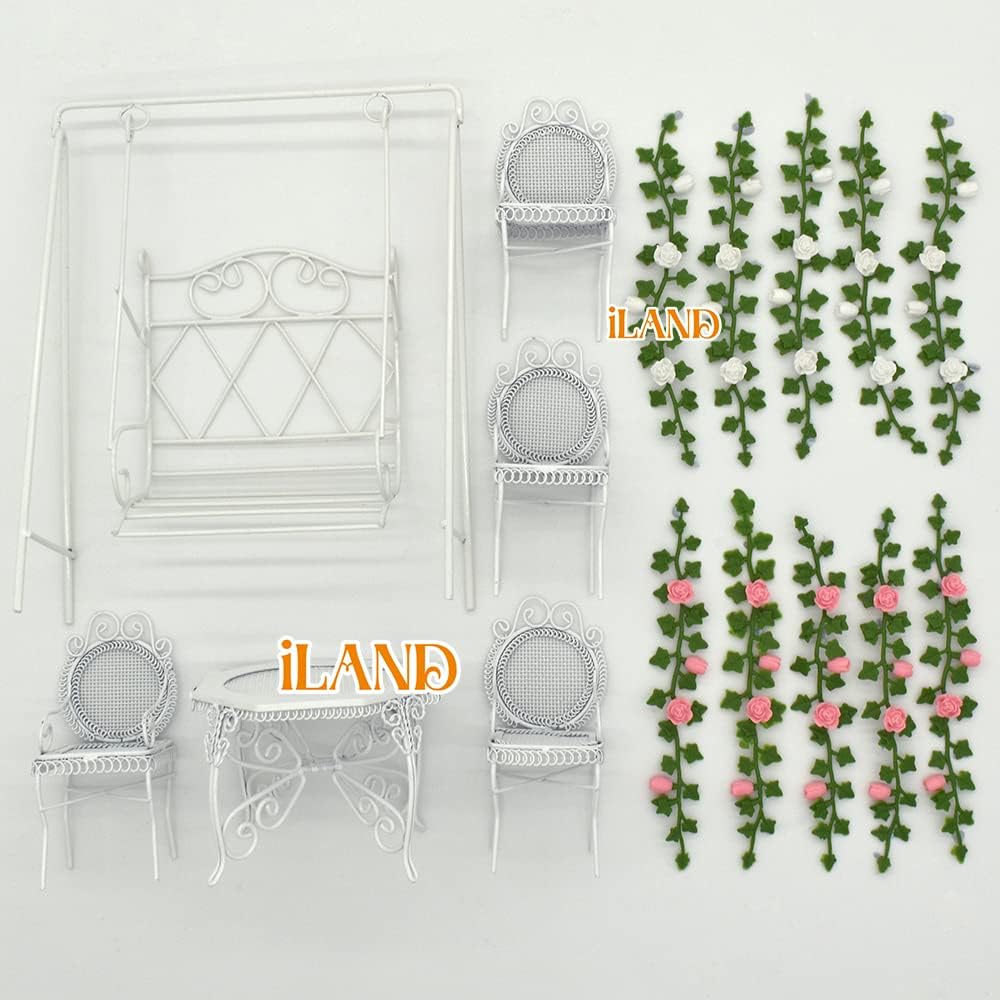 1:12 Scale Miniature Garden Furniture Set With Swing Table Chairs And Rose Vines For Dollhouse Outdoor Decor