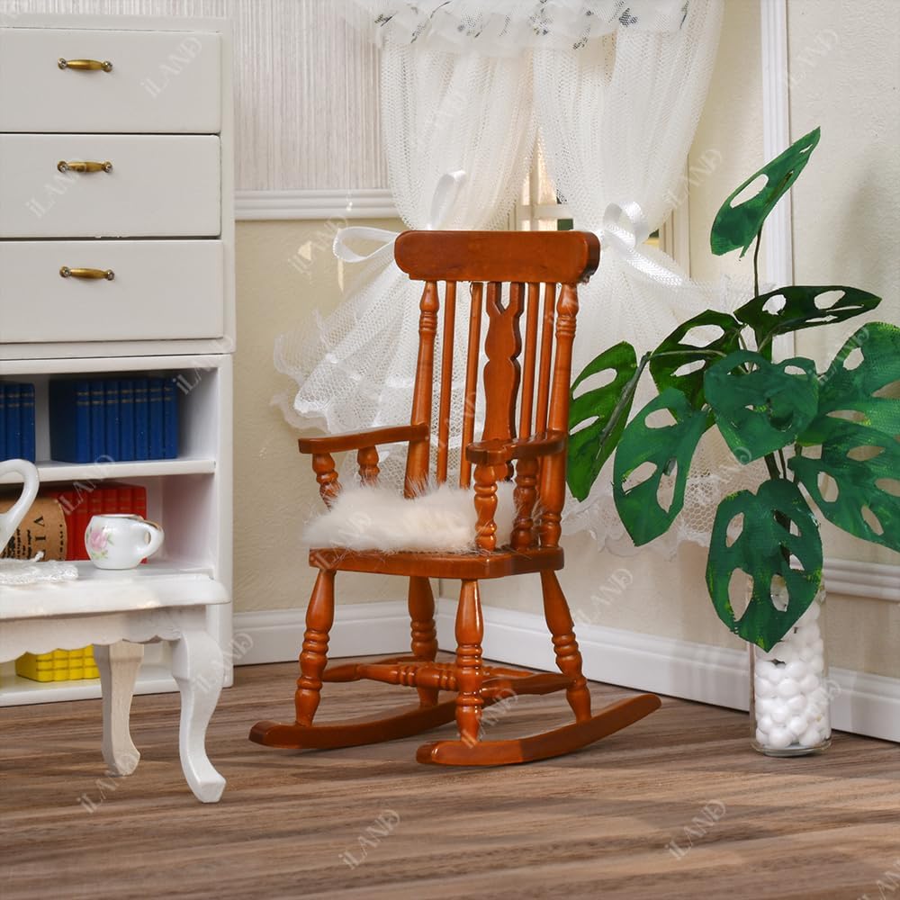 1:12 Scale Vintage Wooden Rocking Chair With Velvet Cushion Miniature Dollhouse Furniture For Brewster Dollhouse