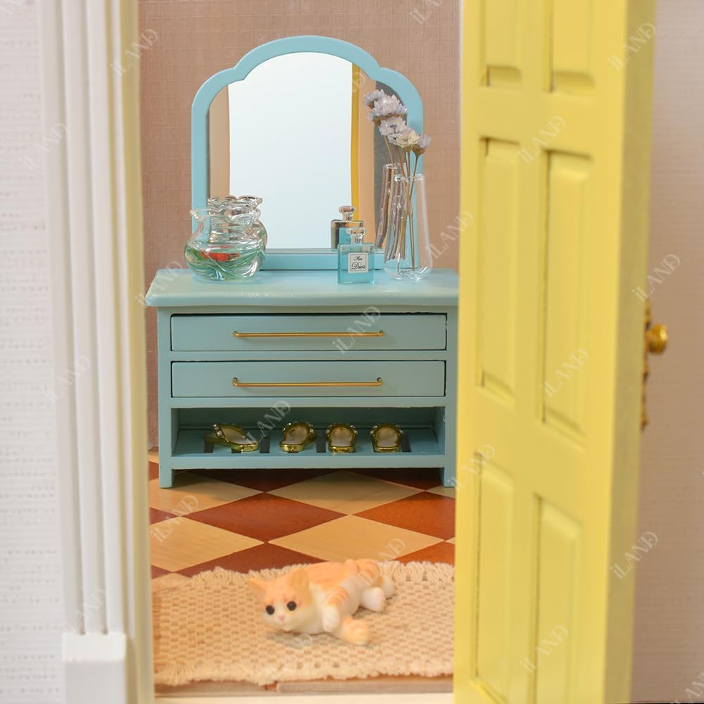 1:12 Scale Wooden Sideboard Dresser With Woven Braided Carpet Miniature Dollhouse Furniture For Foyer Bedroom Bathroom