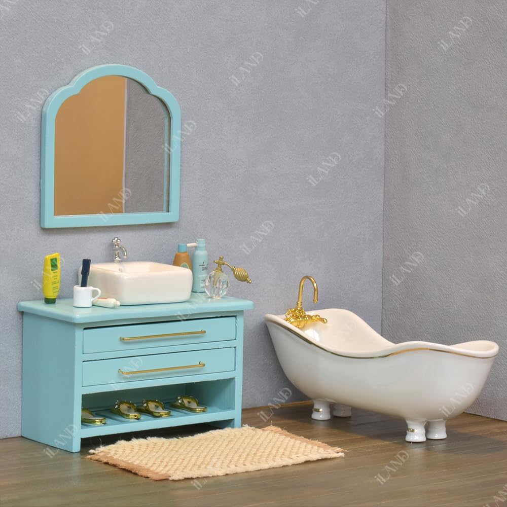 1:12 Scale Wooden Sideboard Dresser With Woven Braided Carpet Miniature Dollhouse Furniture For Foyer Bedroom Bathroom