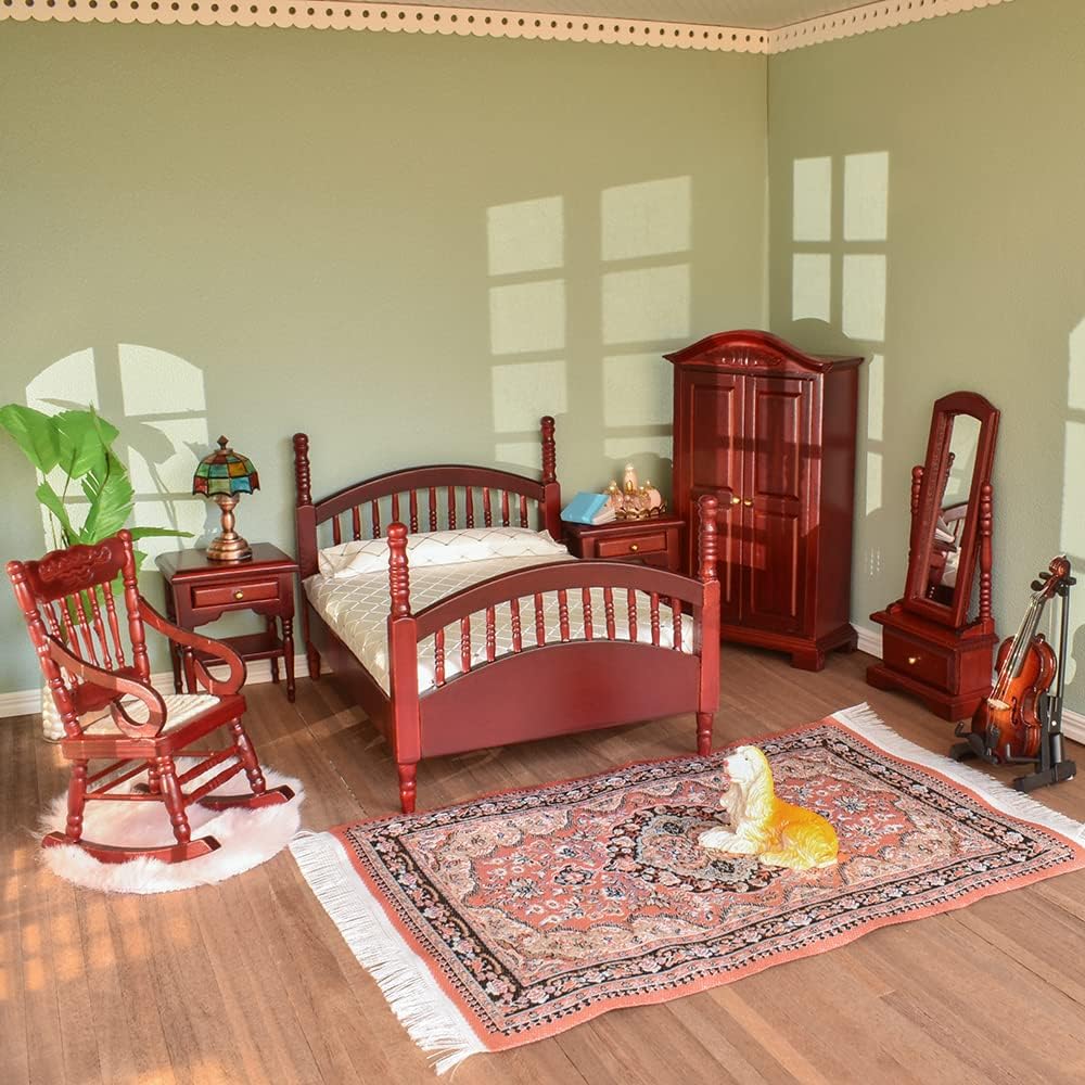 1:12 Scale Vintage Dollhouse Bedroom Furniture Set With Bed Mirror Wardrobe Bedside Table Rocking Chair And Rug Miniature Dollhouse Accessories White Gold