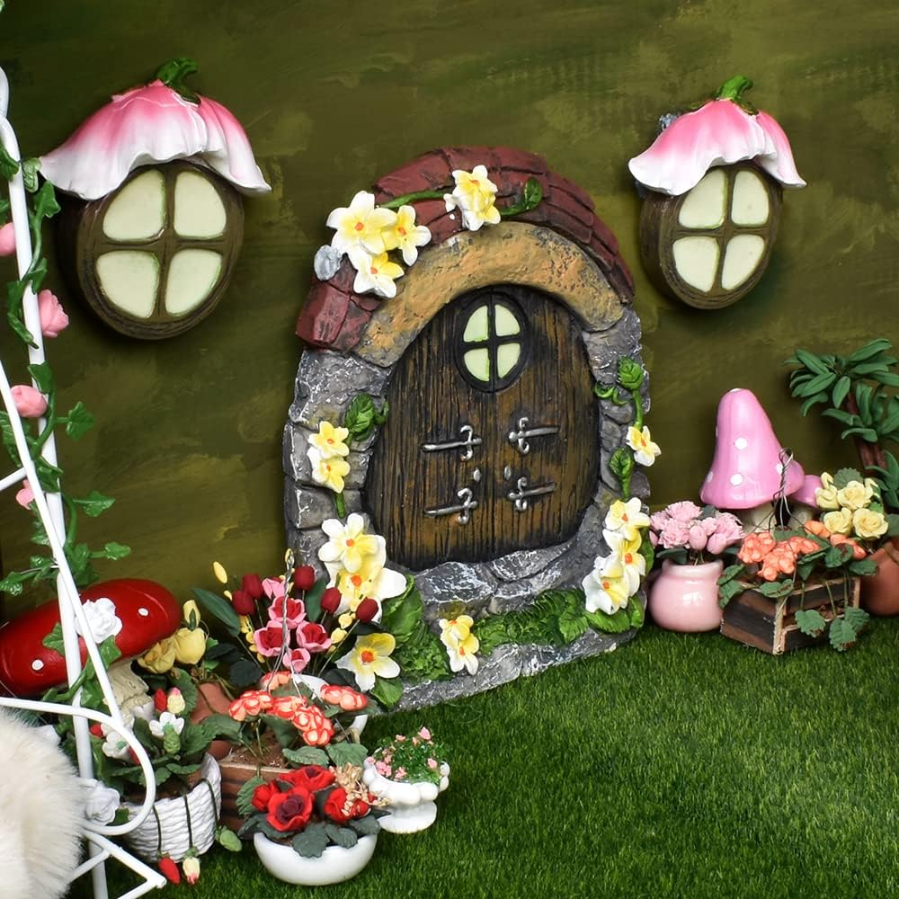 1:12 Scale Miniature Fairy Garden Accessories Fairy House Door And Windows For Trees Glow In Dark Yellow Flower Style