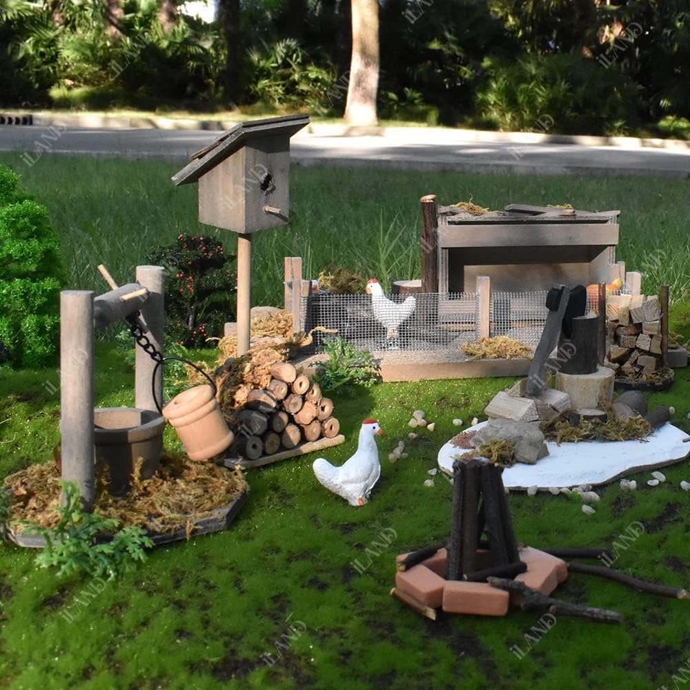 1:12 Scale Dollhouse Farm Set With Wooden Wishing Well Ax Firewood Chicken Coop Birdhouse Mini Bridge Miniature Furniture For Nativity Scene