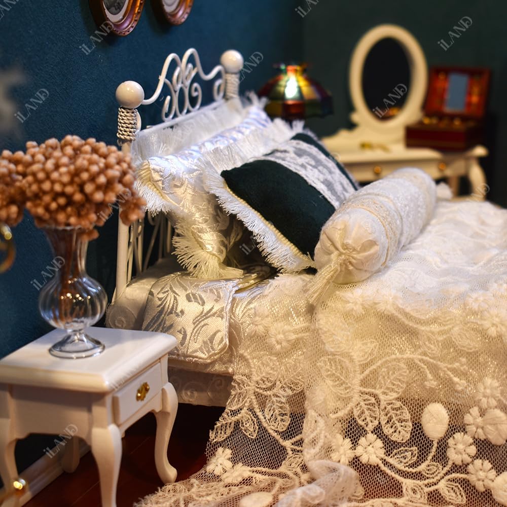 1:12 Scale Victorian Dollhouse Bedroom Furniture Set 5Pcs Miniature Metal Bed Side Table Vanity Mirror Miniature Dollhouse Accessories