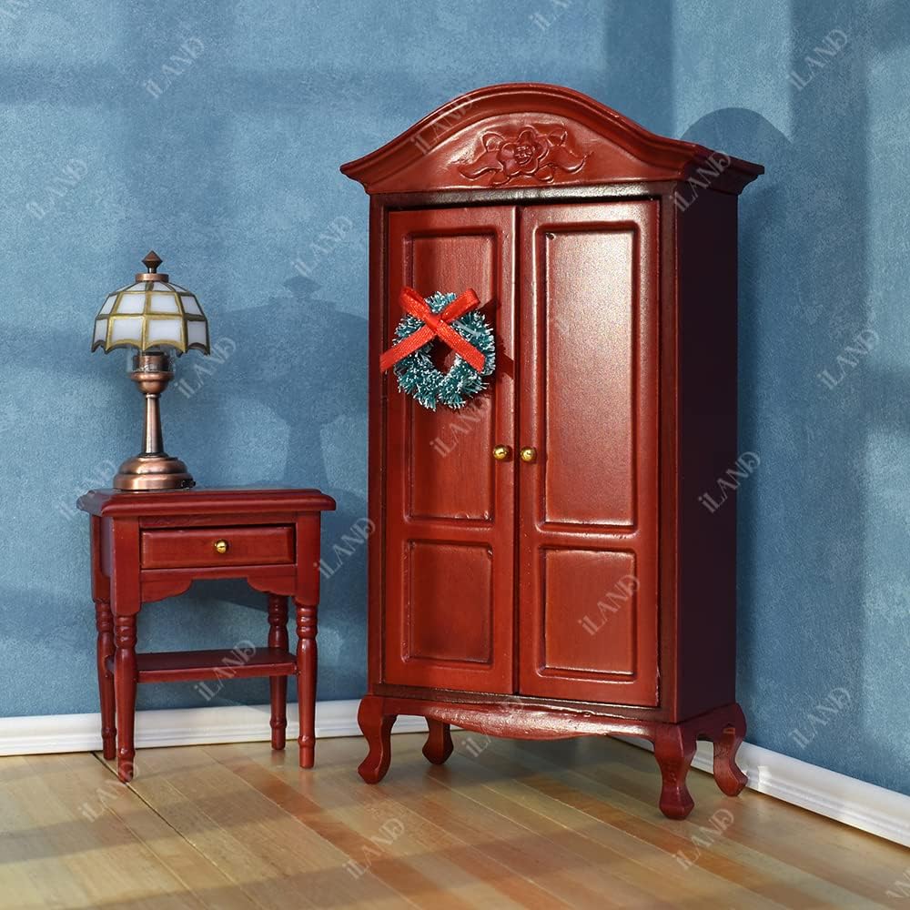 1:12 Scale Wooden Dollhouse Bedroom Furniture Set Miniature Mahogany Bed Dressing Table Wardrobe Classical Dollhouse Accessories