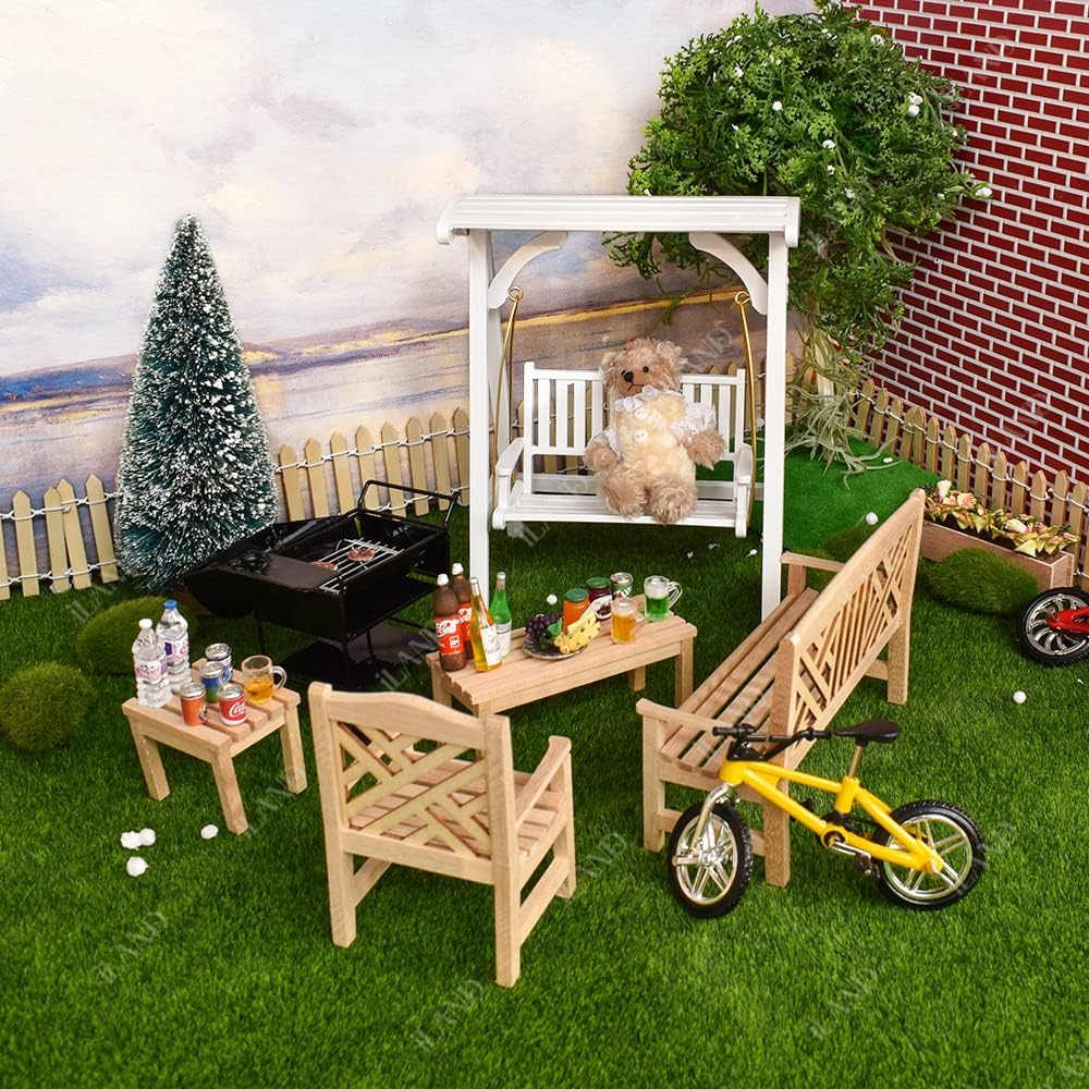 1:12 Scale Miniature Dollhouse Furniture Set With Swing Patio Table Chairs And Charcoal Grill For Fairy Garden Decor