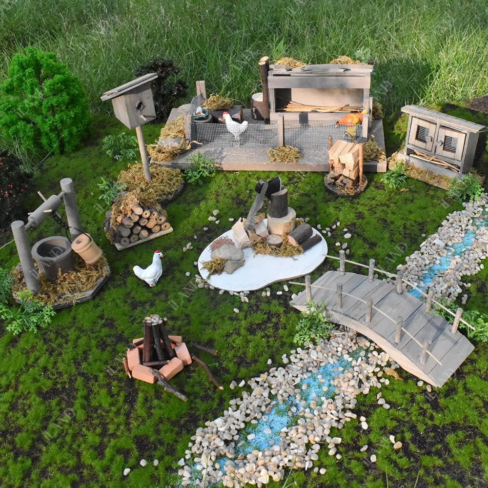 1:12 Scale Dollhouse Farm Set With Wooden Wishing Well Ax Firewood Chicken Coop Birdhouse Mini Bridge Miniature Furniture For Nativity Scene