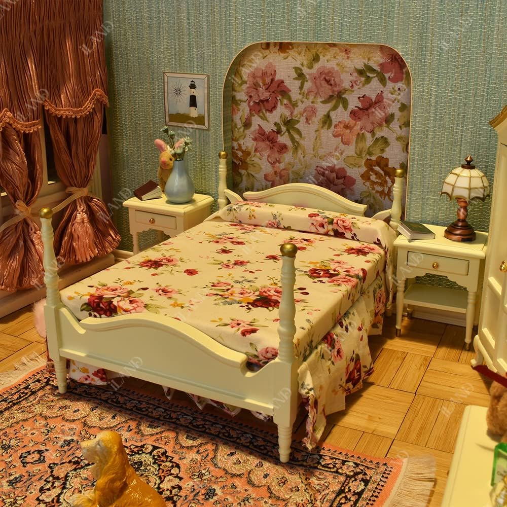 1:12 Scale Wooden Dollhouse Bedroom Furniture Set Miniature Bed Dressing Table Wardrobe Cream Color Elegant Miniature Dollhouse Accessories