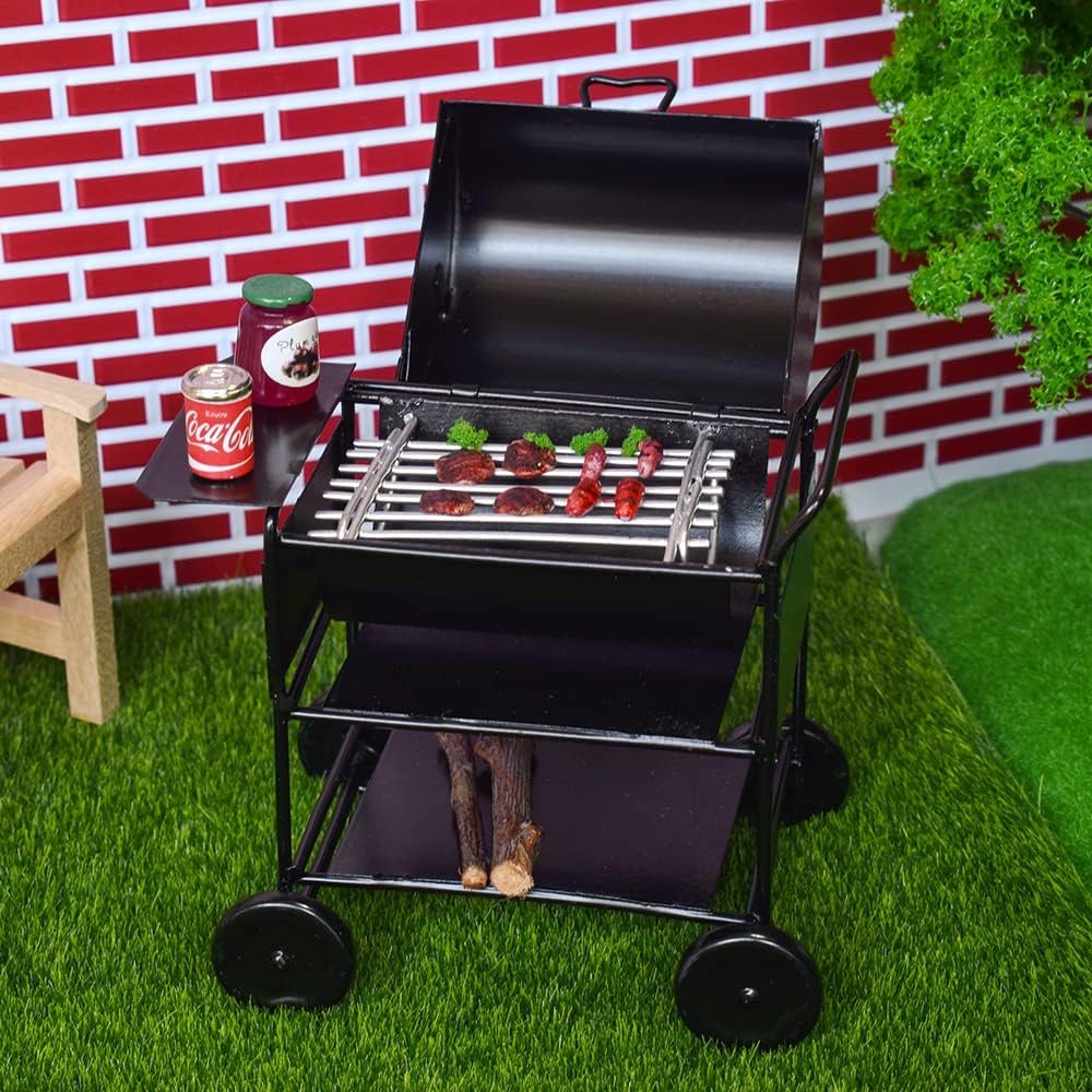 1:12 Scale Miniature Dollhouse Furniture Set With Swing Patio Table Chairs And Charcoal Grill For Fairy Garden Decor