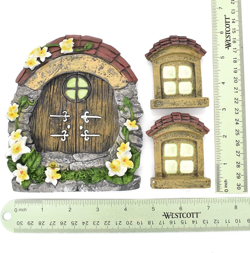 1:12 Scale Miniature Fairy Garden Accessories Fairy House Door And Windows For Trees Glow In Dark Yellow Flower Style