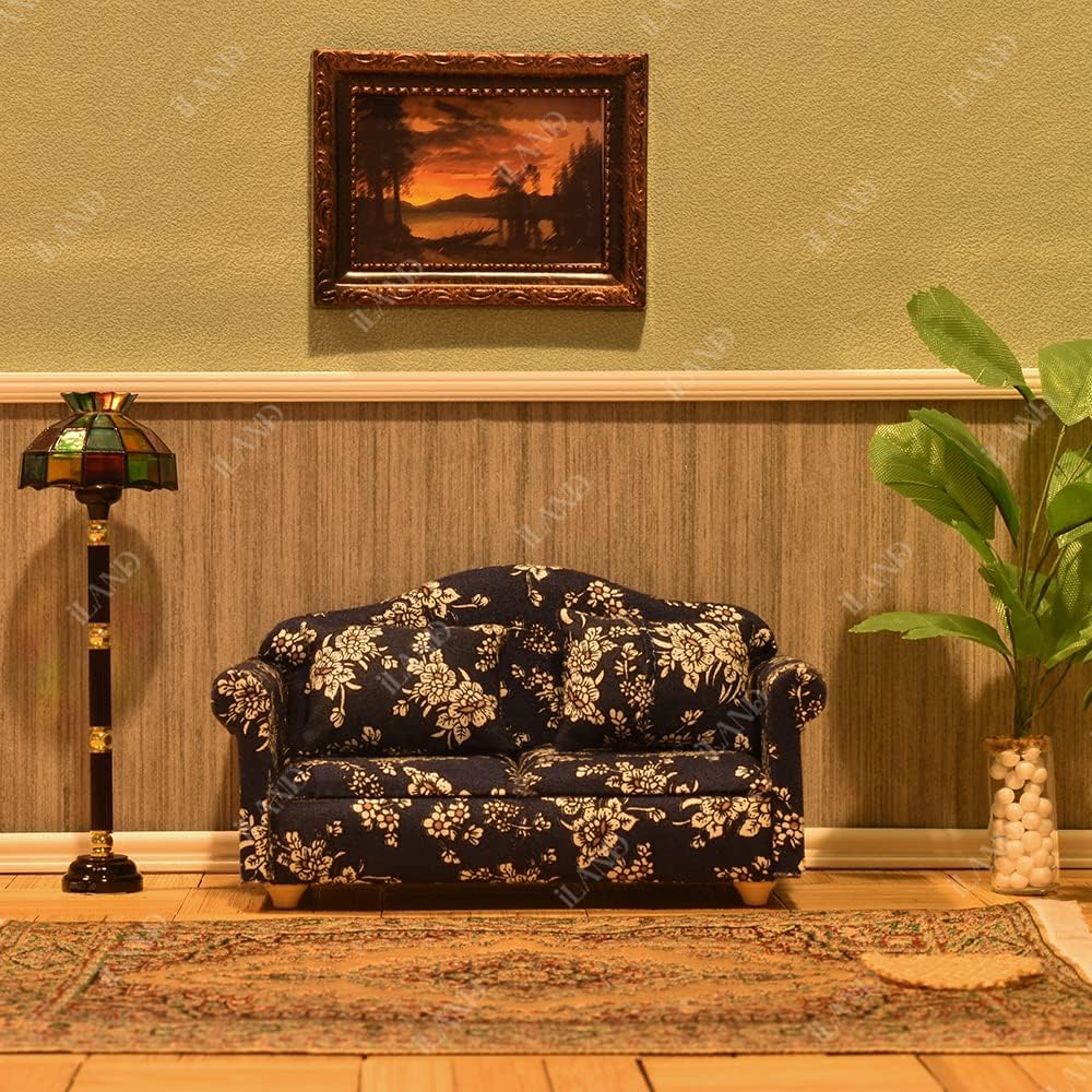 1:12 Scale Dollhouse Living Room Sofa And Couch Set Blue White Floral Miniature Furniture