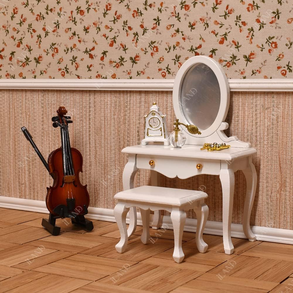 1:12 Scale Victorian Dollhouse Bedroom Furniture Set 5Pcs Miniature Metal Bed Side Table Vanity Mirror Miniature Dollhouse Accessories