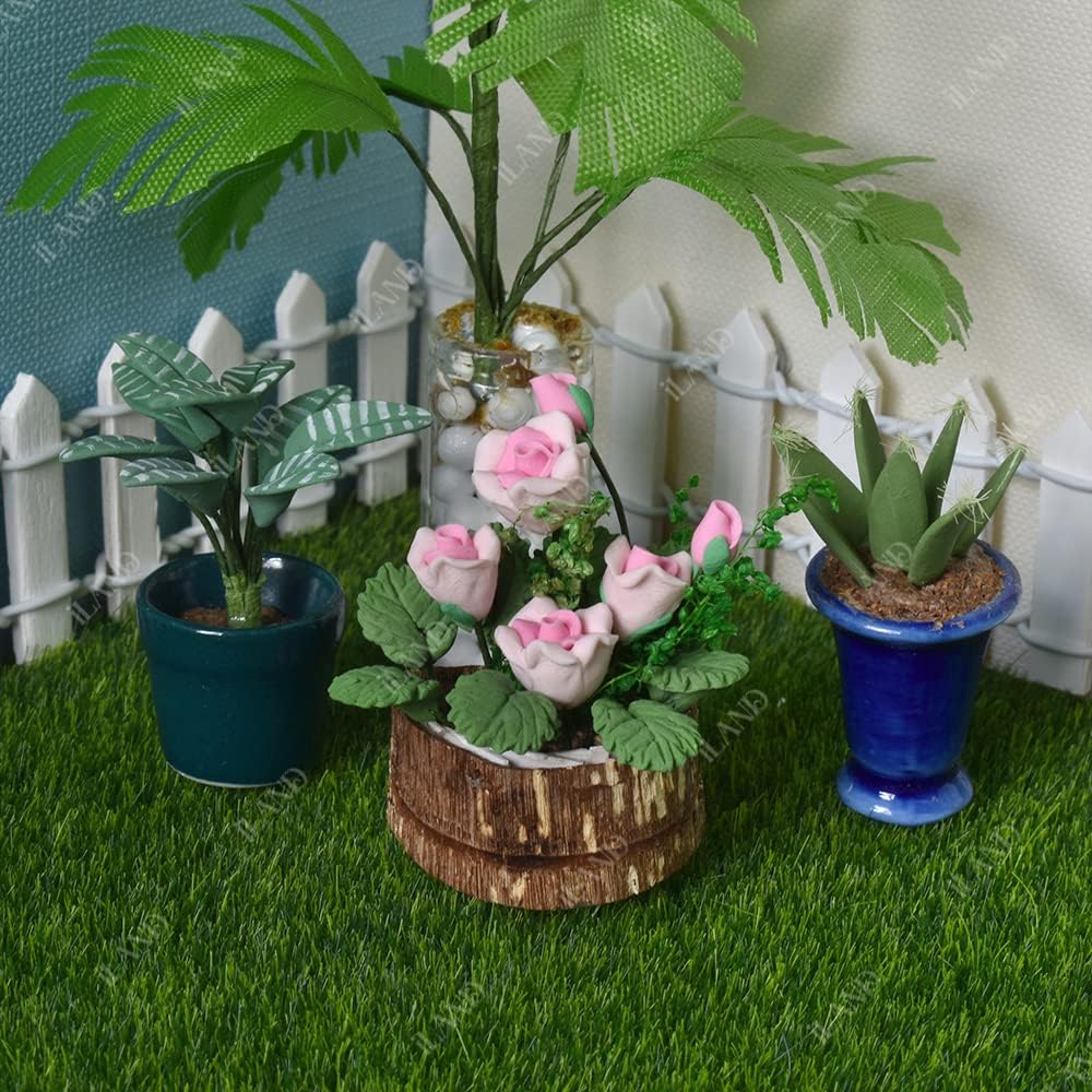 1:12 Scale Miniature Dollhouse Plants And Flowers Accessories With Tree Bark Potted Flowers