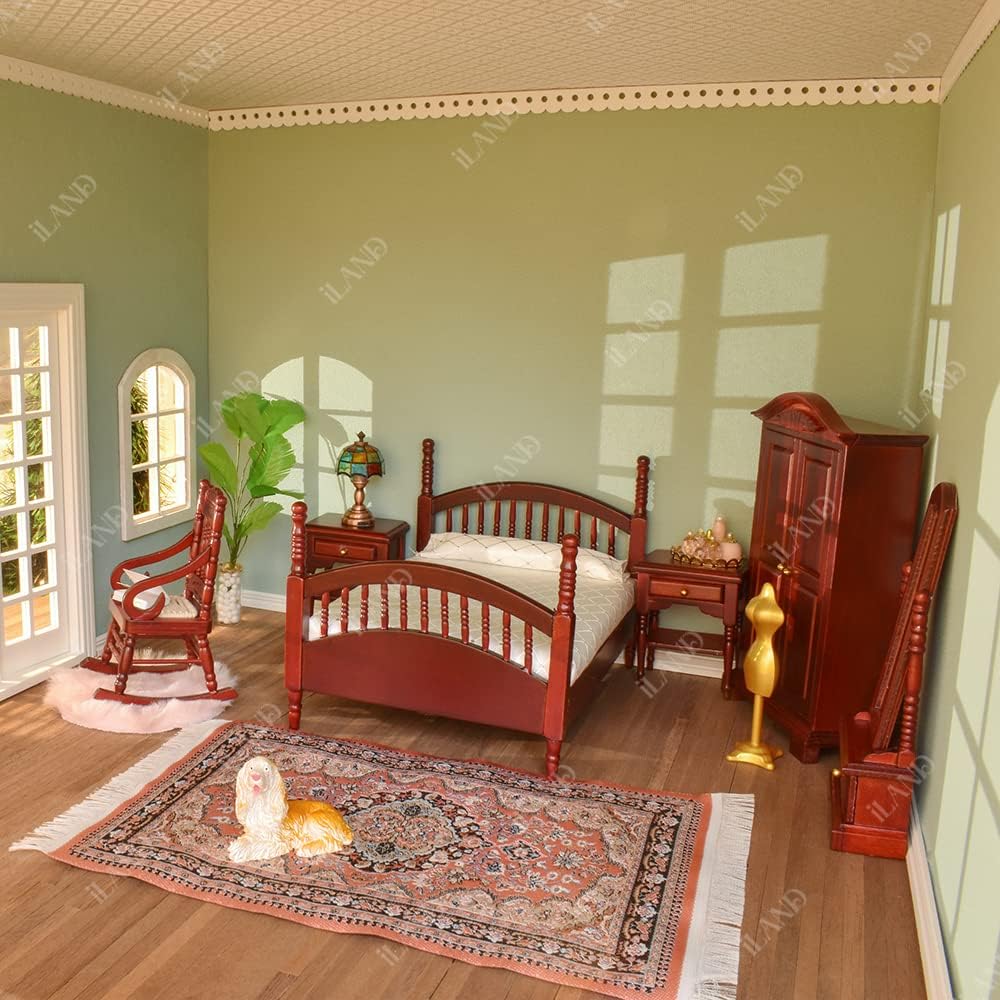 1:12 Scale Vintage Dollhouse Bedroom Furniture Set Miniature Mahogany Bed Wardrobe Mirror Rocking Chair Side Table Miniature Dollhouse Accessories