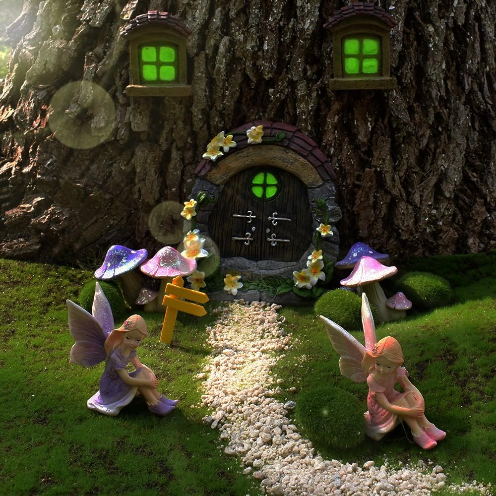 1:12 Scale Miniature Fairy Garden Accessories Fairy House Door And Windows For Trees Glow In Dark Yellow Flower Style