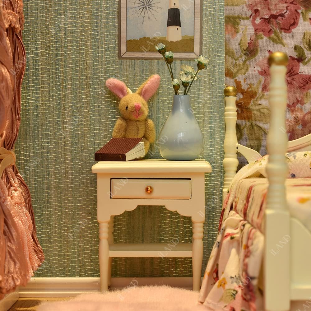 1:12 Scale Wooden Dollhouse Bedroom Furniture Set Miniature Bed Dressing Table Wardrobe Cream Color Elegant Miniature Dollhouse Accessories
