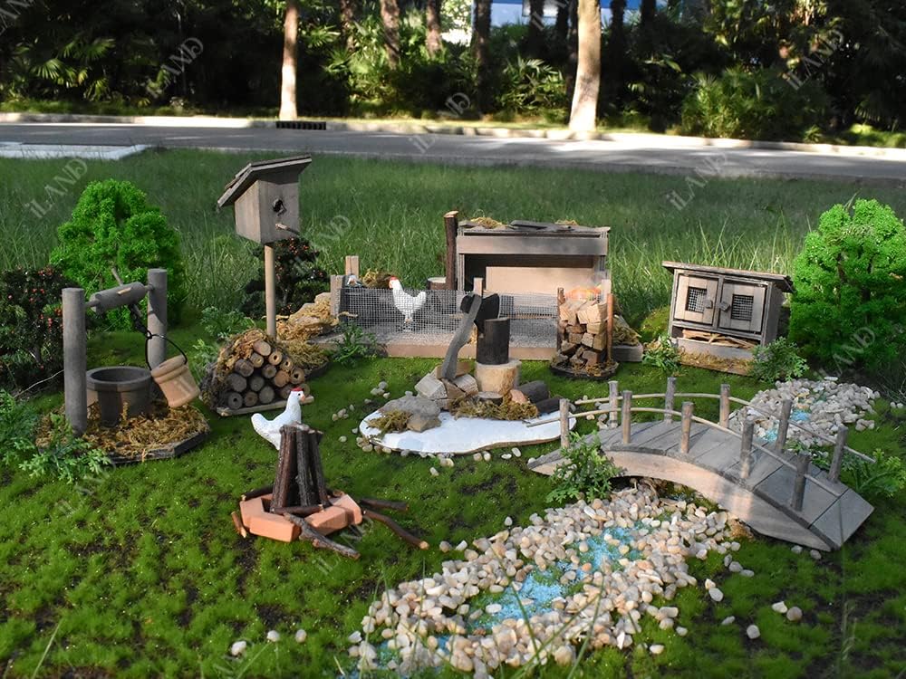 1:12 Scale Dollhouse Farm Set With Wooden Wishing Well Ax Firewood Chicken Coop Birdhouse Mini Bridge Miniature Furniture For Nativity Scene